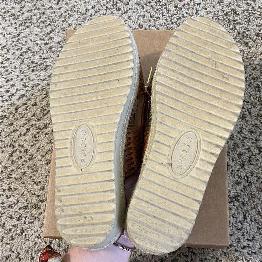 Brioso Fenney Brown Woven Double Buckle Banded Platform Slide Sandal, worn 5x - Picture 9 of 12